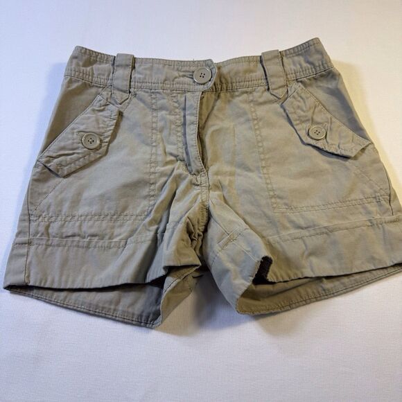 H&M Women's‎ Shorts Size 2 Sewn Cuffs Button Khaki Cotton Back Pockets Y2K - Picture 2 of 10